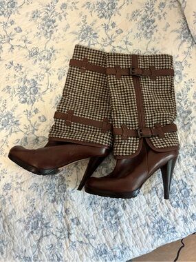 Cole Haan Brown Leather & Houndstooth Mid-Calf Heeled Boots